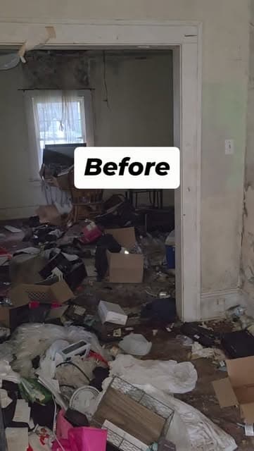 Room full of belongings marked as the before shot of a cleanout job